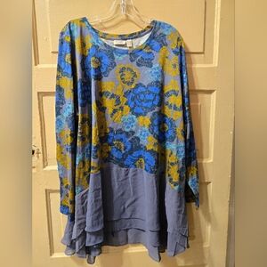 LOGO Blue Gold Floral Knit Chiffon Long Sleeve Tunic Top EUC Size: 3X